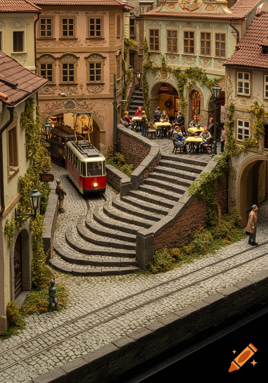 Detailed miniature diorama of a European city street with old buildings, cobblestones, a red tram, steps, and people at outdoor cafes.