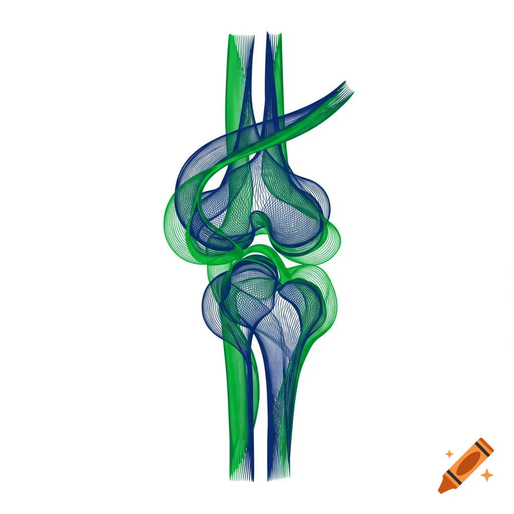Abstract depiction of a knee joint formed by flowing blue and green lines.
