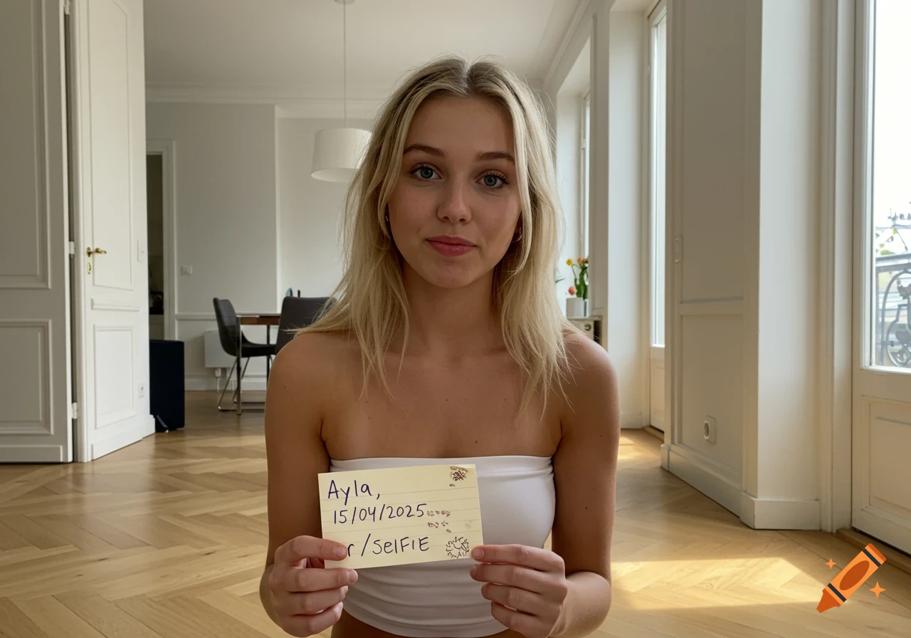 A blonde woman in a white tube top sits on a wooden floor, holding a card with the text "Ayla, 15/04/2025, r/SelfiE".