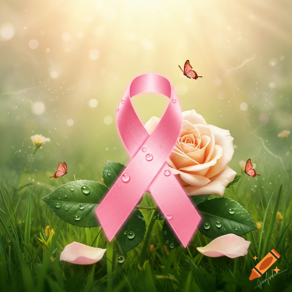 A radiant pink breast cancer awareness ribbon with dewdrops next to a light pink rose, surrounded by butterflies in a glowing grassy field.