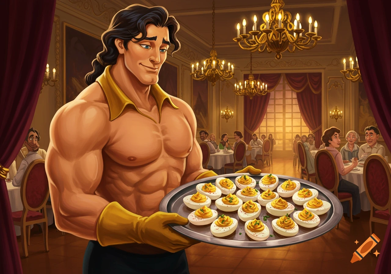 Cartoon Gaston, muscular and shirtless in yellow collar and gloves, holds a platter of deviled eggs in a fancy dining room.