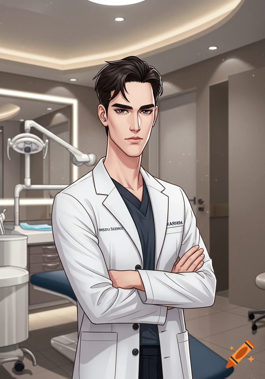 A handsome anime-style male doctor with dark hair, wearing a white medical coat, standing confidently with crossed arms in a clean dental clinic.