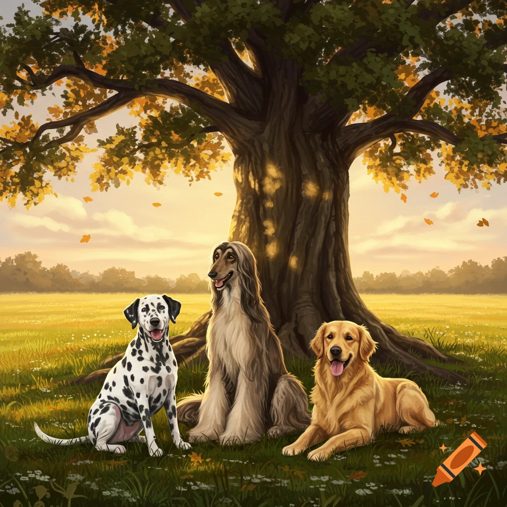 A Dalmatian, Afghan Hound, and Golden Retriever sit under a large, leafy tree in a sunny, green field.