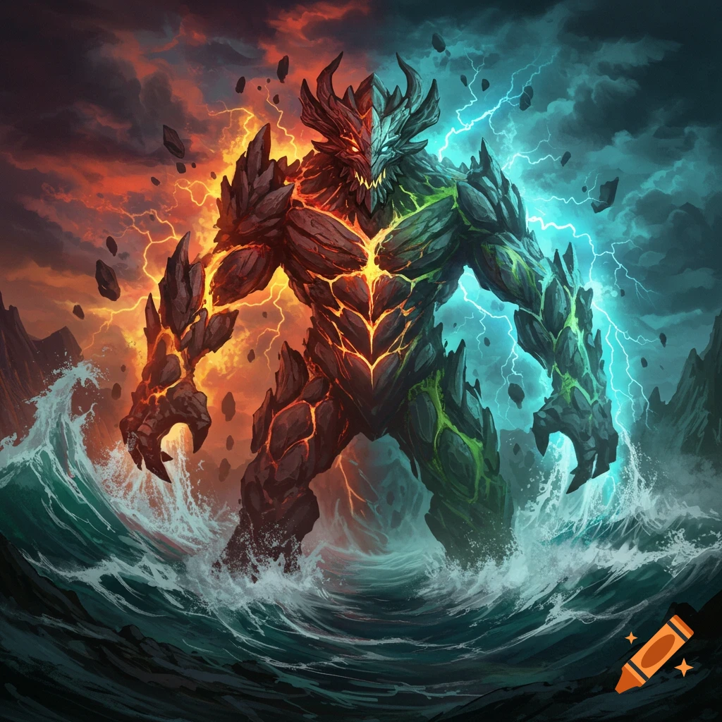 Detailed fantasy illustration of a bipedal elemental monster, half red lava and half blue ice with lightning, in turbulent water.
