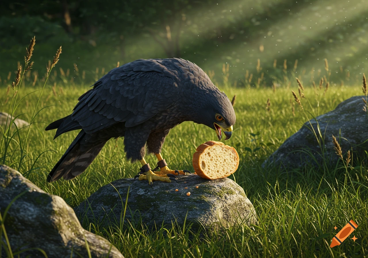 Photorealistic image of a dark raptor bird on a rock, eyeing a slice of bread in a sunny, grassy field.