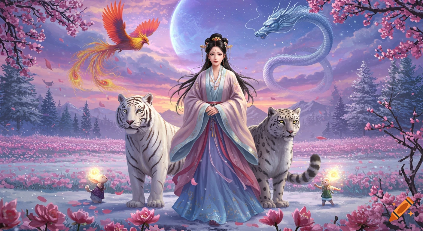 Woman in hanfu with white tiger and snow leopard in a pink meadow under a purple moon, a phoenix and dragon in the sky. Cinematic fantasy.