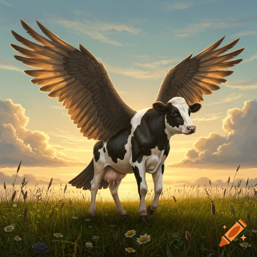 A black and white winged cow stands in a grassy field with daisies, bathed in golden sunset light under a partly cloudy sky.