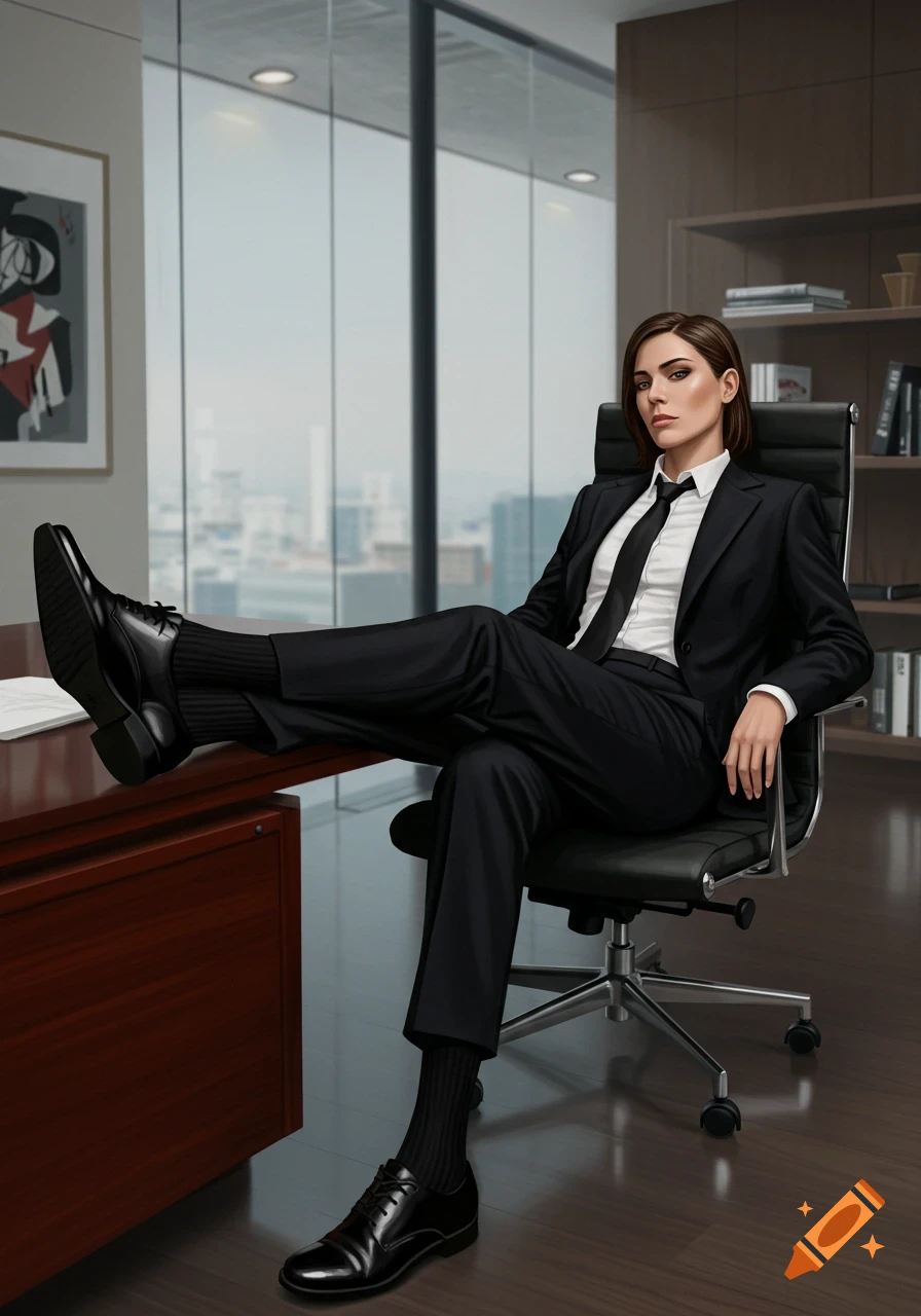 A serious businesswoman in a black pantsuit and tie relaxes with her feet in shoes on a desk in a modern office with large windows.