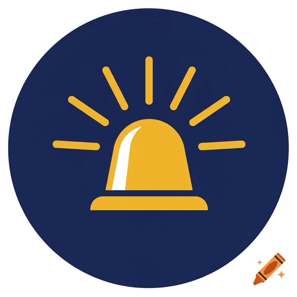 A yellow emergency beacon or siren icon emitting rays on a dark blue circular background.