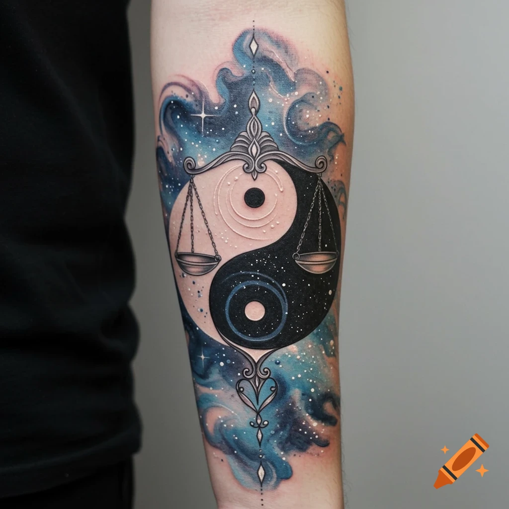 Colorful intricate tattoo of a Libra zodiac sign with scales and a yin-yang symbol against a cosmic background on an arm.