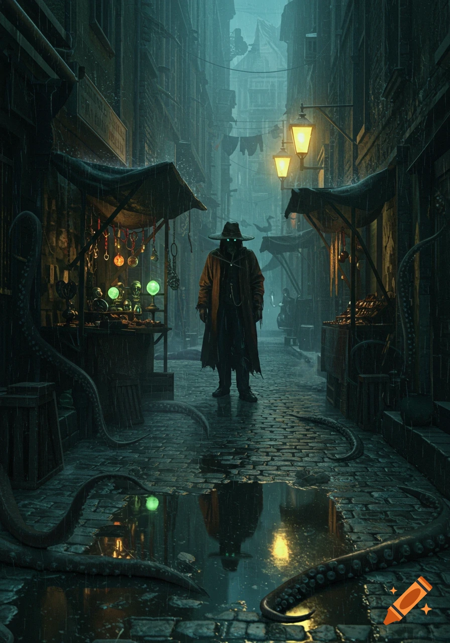 A mysterious figure in a hat and trench coat stands in a dark, rainy cobblestone alley with market stalls and tentacles. Glowing objects reflect in puddles.