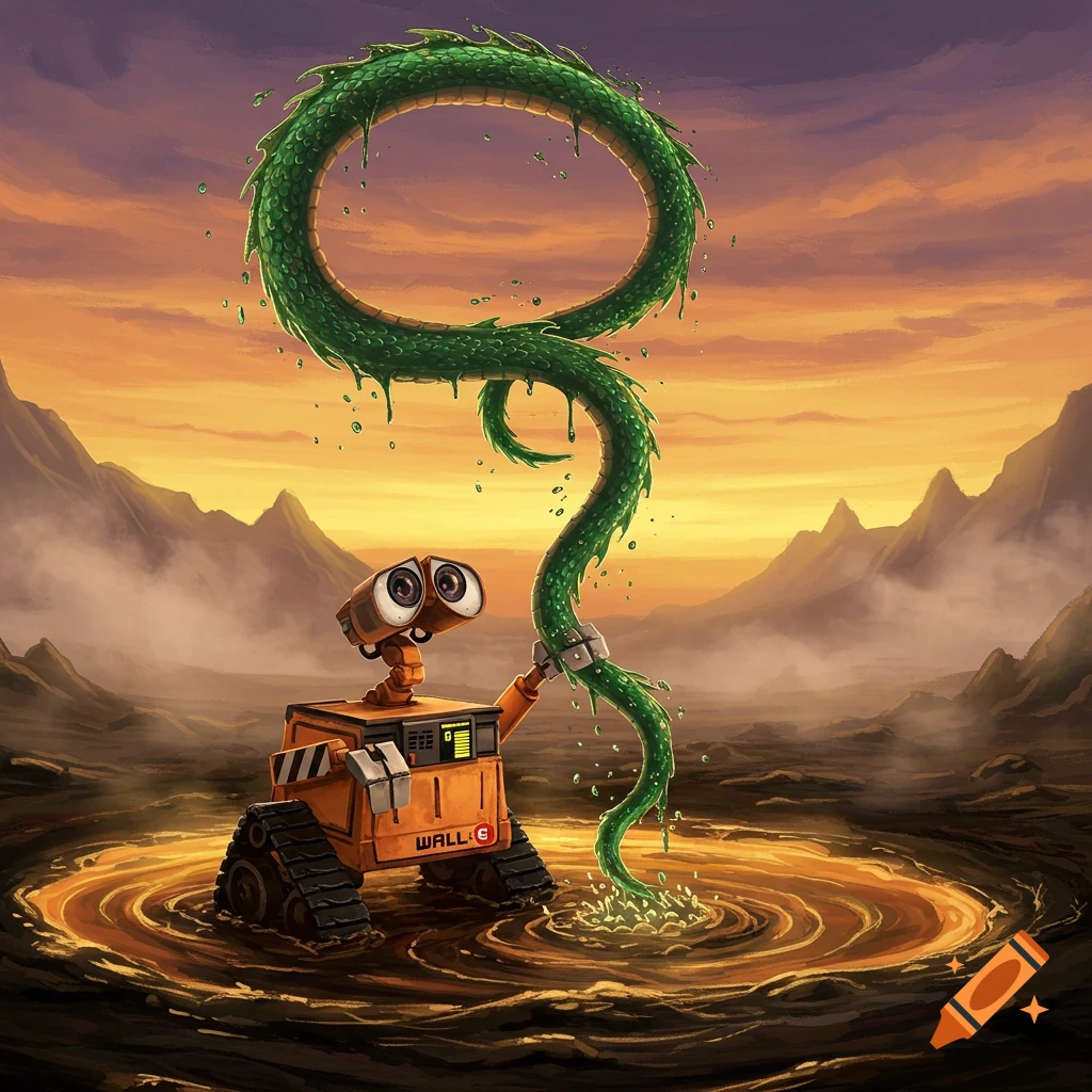 WALL-E robot pulls a green, scaled dragon's tail from a swirling tar pit at sunset in a detailed illustration.
