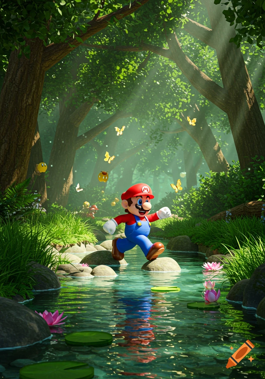 Mario hops across rocks in a shallow river in a lush, sun-dappled forest with butterflies and lotus flowers, 3D render.