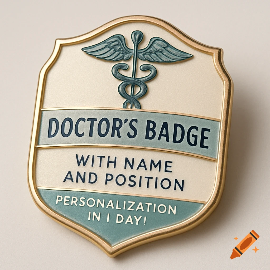 Photorealistic close-up of a shield-shaped doctor's badge. It has a gold edge, a teal caduceus, and text.