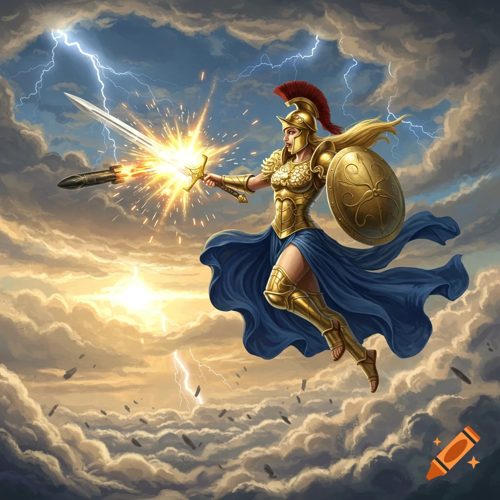 Athena in golden armor and blue skirt, flying through stormy clouds with lightning, deflecting a missile with a glowing sword.