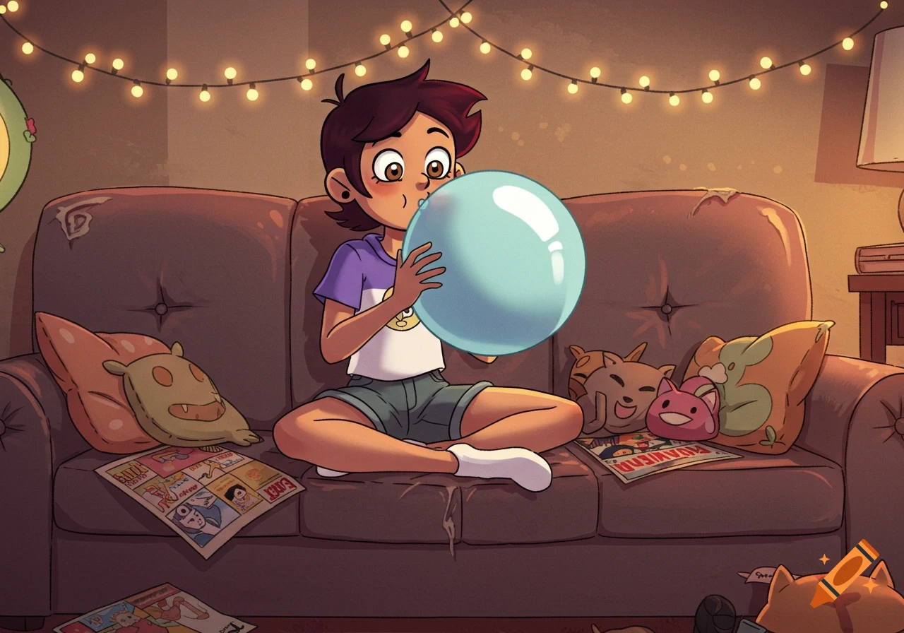 Cartoon of Luz Noceda on a couch blowing up a light blue balloon, surrounded by pillows and magazines.