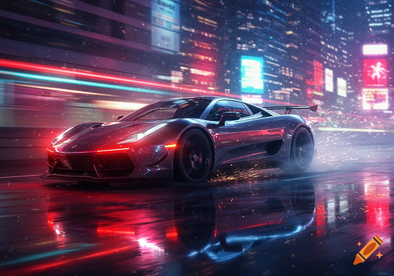 A sleek, dark sports car races down a neon-lit city street at night, with motion blur and reflections on a wet road.