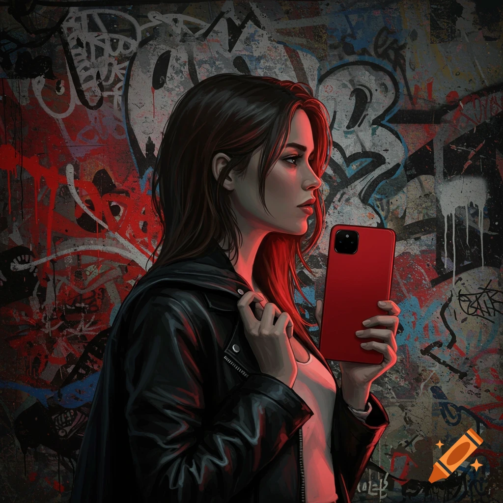 Stylized illustration of a woman in a leather jacket holding a red smartphone against a vibrant graffiti wall, glowing red.