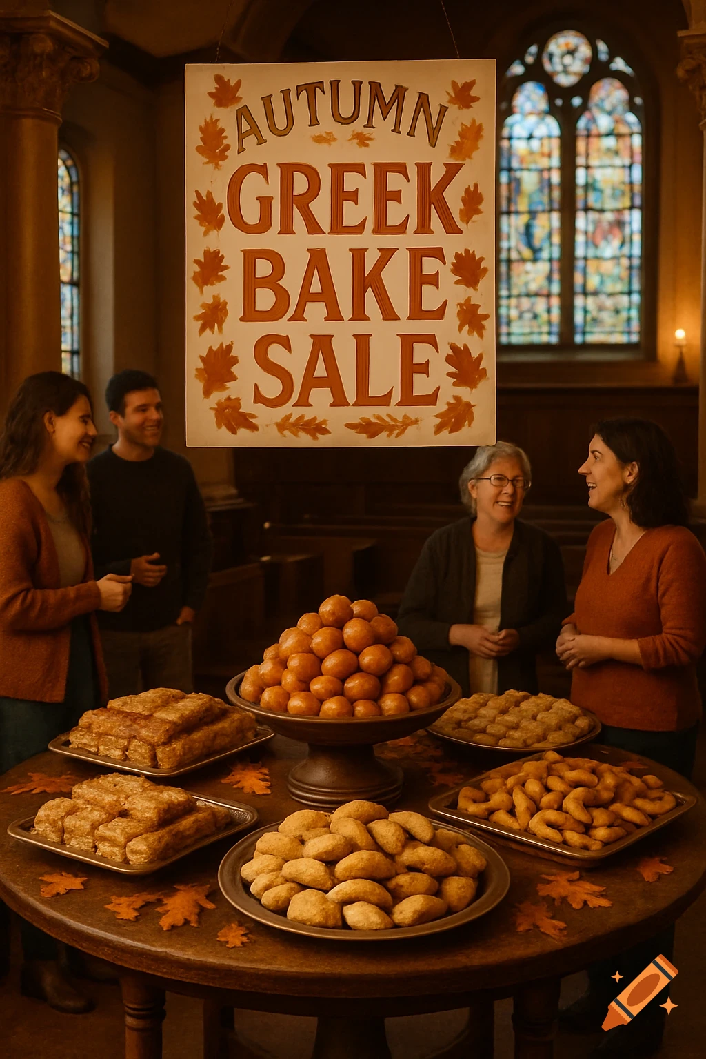 Autumn Greek Bake Sale in a church hall, people gather around tables filled with pastries under a 'Greek Bake Sale' sign.