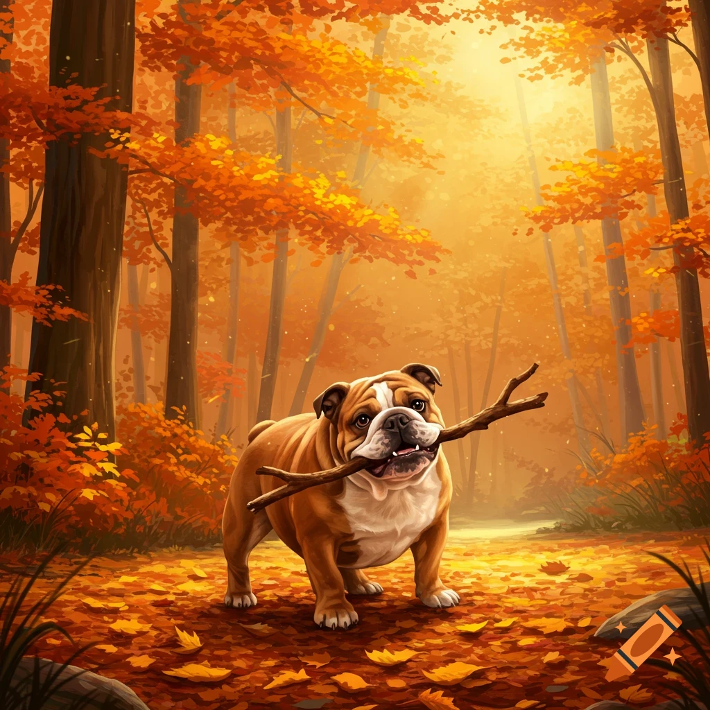 An English bulldog plays with a stick in a vibrant autumn forest illustration, surrounded by orange leaves.