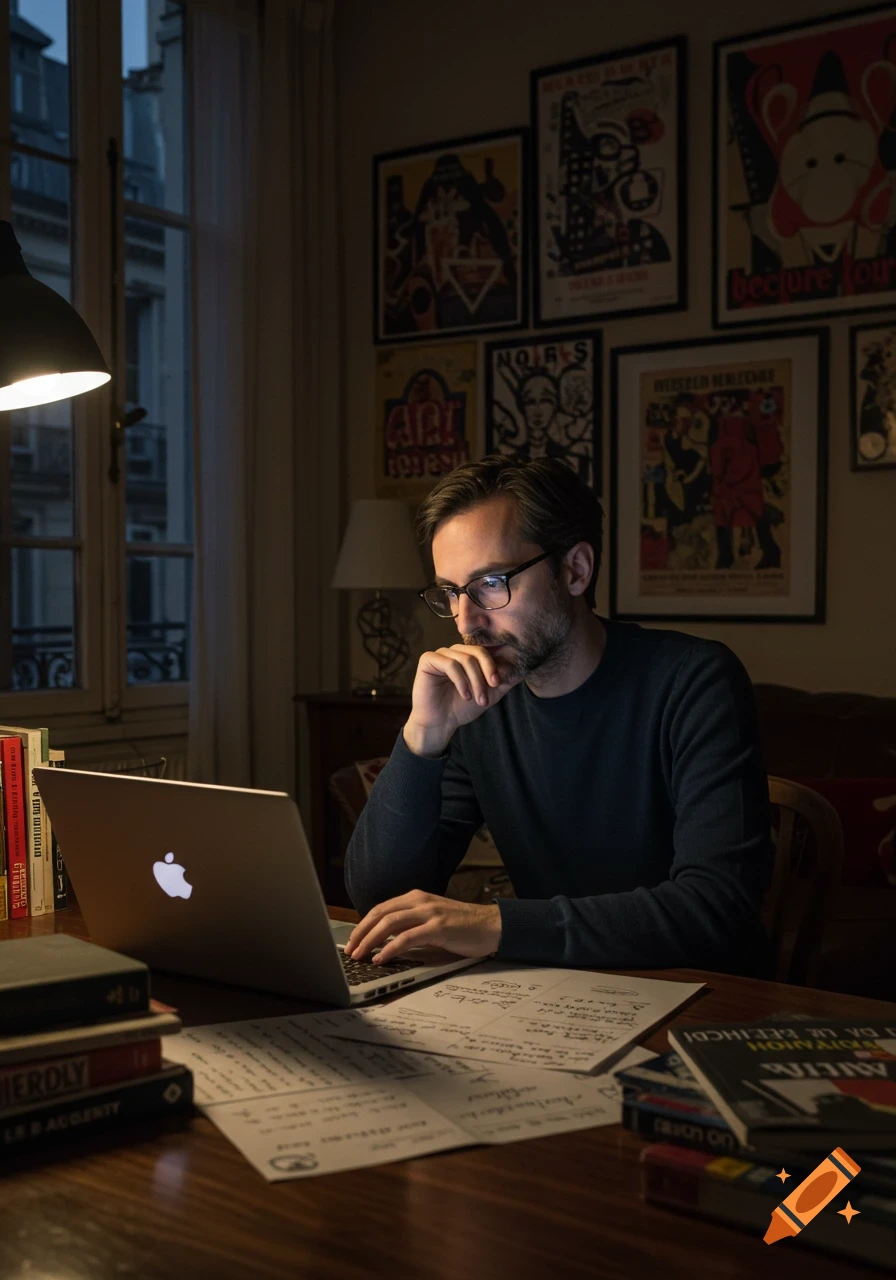 A man in glasses works on a laptop at a desk in a dimly lit room, with books and papers nearby. Photorealistic.