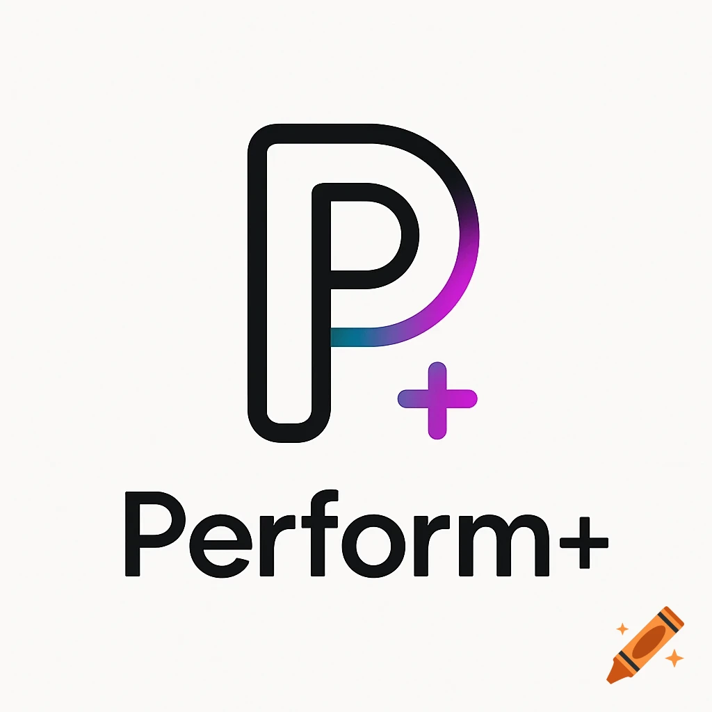 A modern, minimalist logo for 'Perform+' featuring a stylized letter 'P' with a vibrant gradient and a purple plus sign.