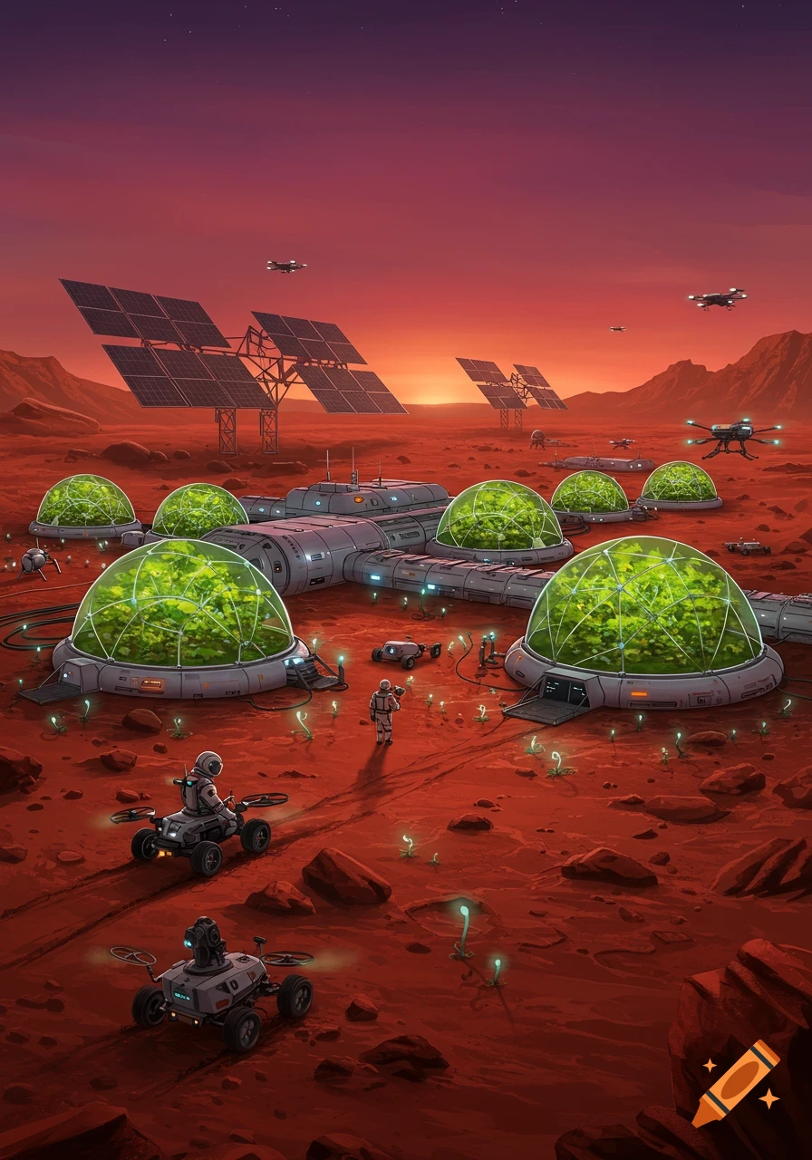 An illustrated Mars colony with biodomes, solar panels, astronauts, and rovers on a red landscape under an orange-red sky.