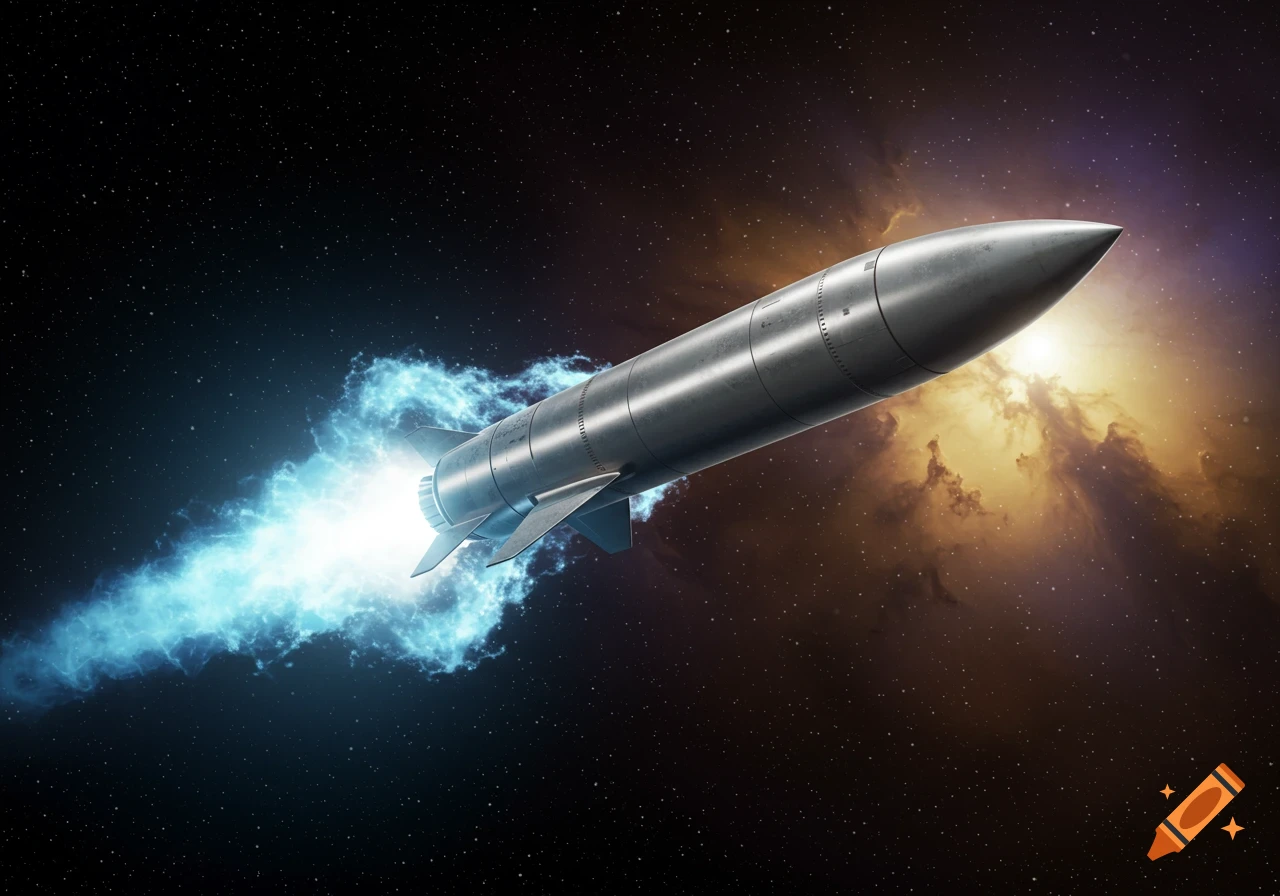 A silver rocket with a bright blue exhaust plume soars through a starry night sky with orange nebulae.