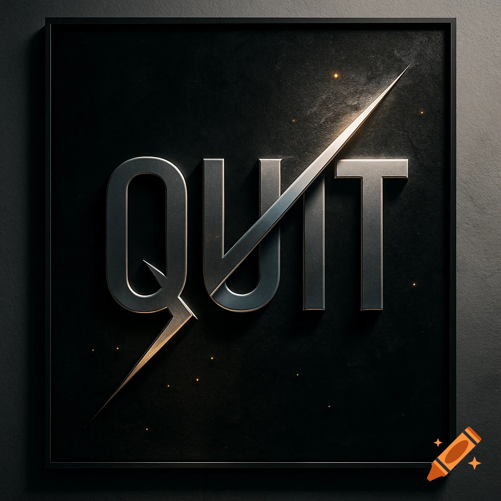 Metallic, 3D word 'QUIT' with a bright diagonal slash through it, on a dark textured background.