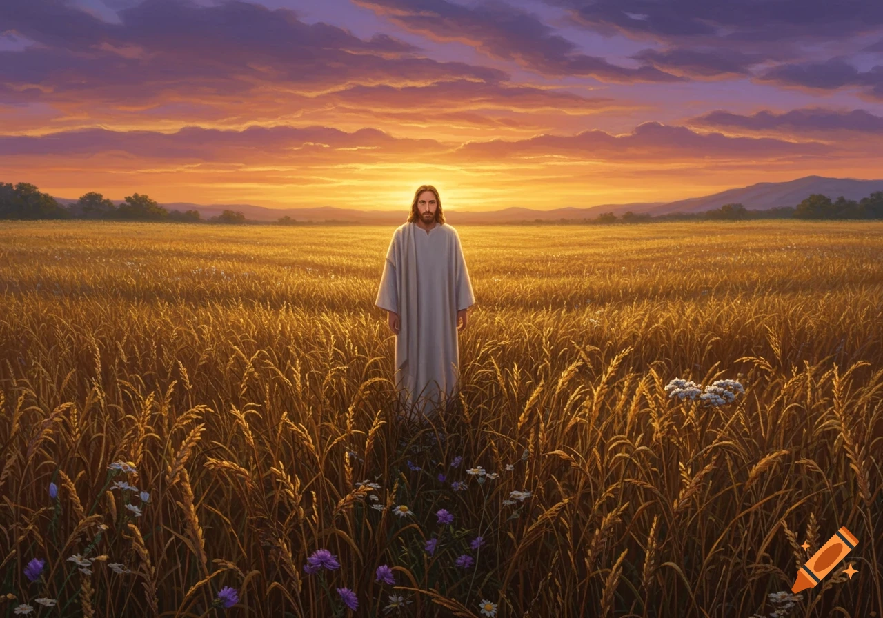 Jesus stands in a vast golden wheat field at sunset, with purple-orange clouds and distant mountains.