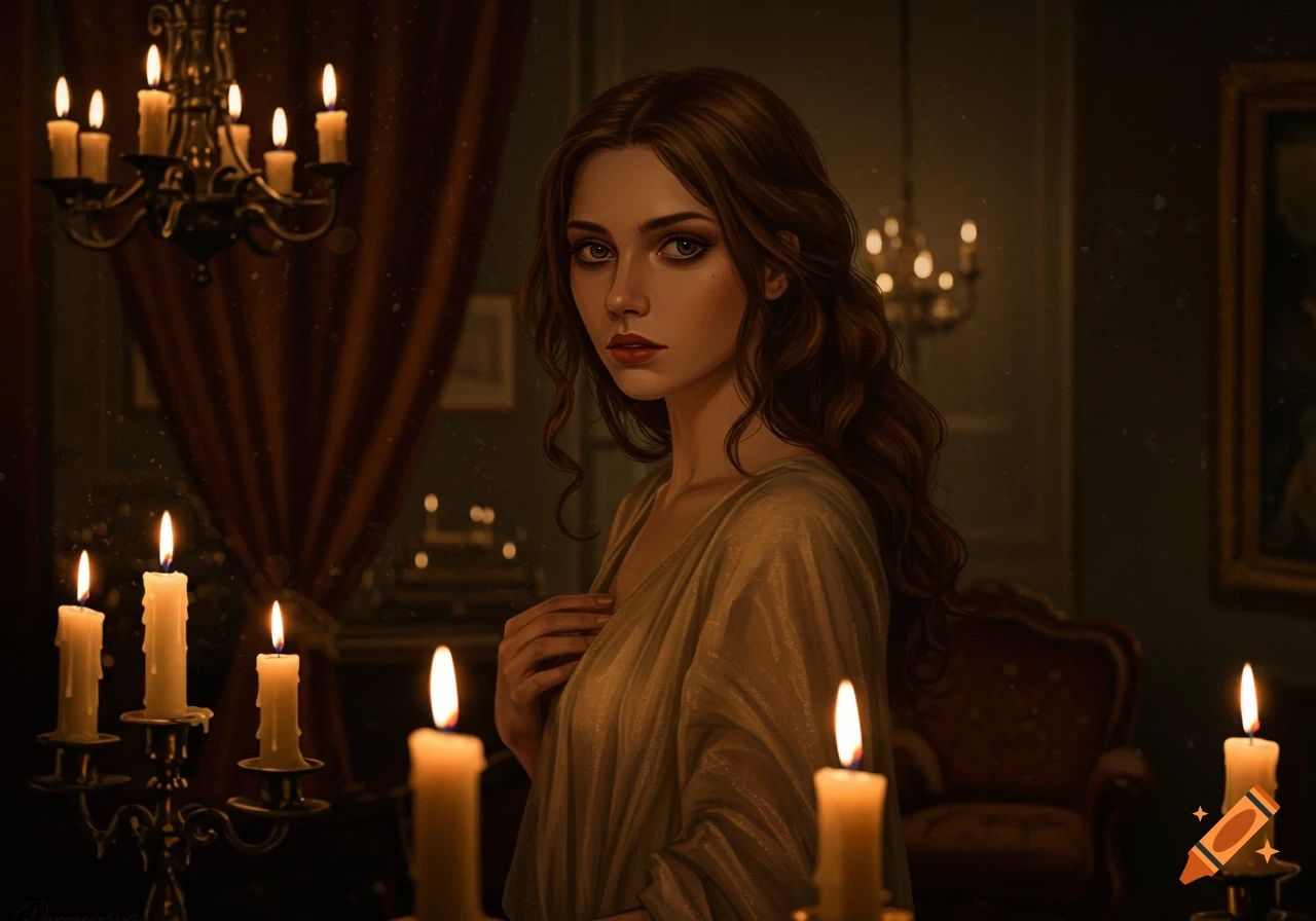 A digital painting of a woman in a golden gown, surrounded by burning candles in a dimly lit, dark room, looking at the viewer.