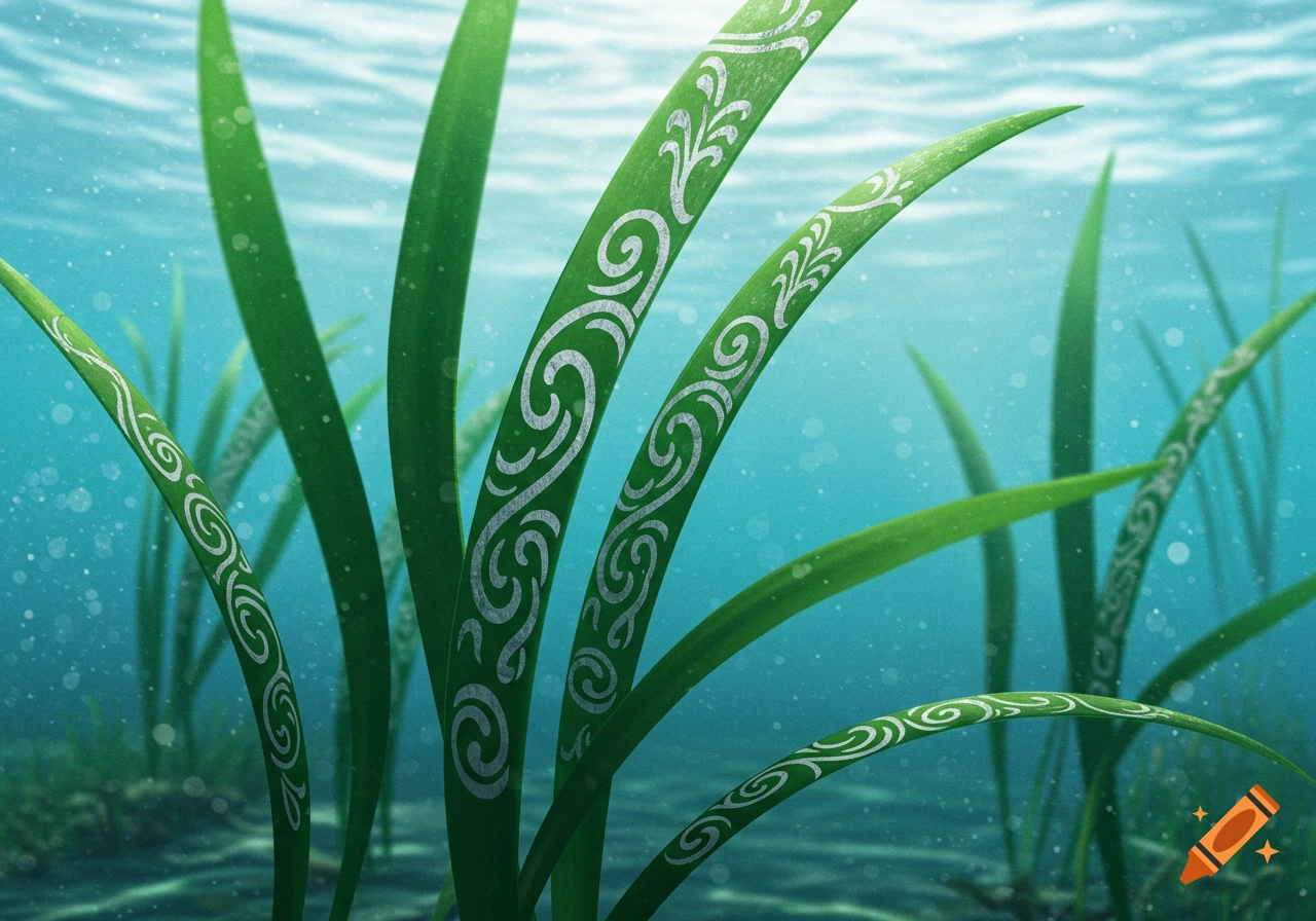 Close-up underwater view of vibrant green seagrass blades adorned with white swirling decorative patterns and small bubbles.