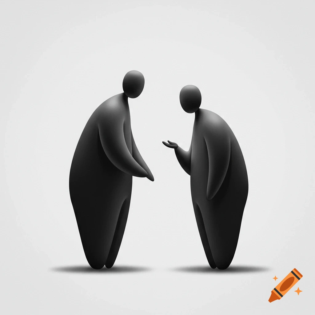 Two minimalist black figures with smooth, rounded forms stand on a light gray background, appearing to converse.
