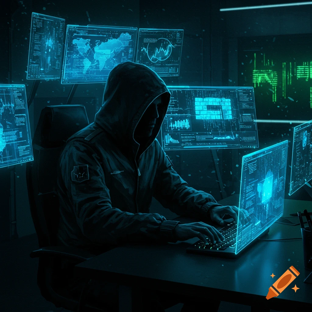 A hooded figure works on a glowing laptop in a dark room surrounded by multiple screens displaying abstract blue and green data.