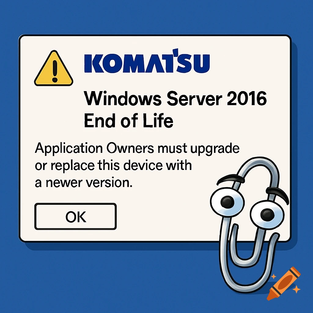 Illustration of a Windows Server 2016 End of Life message box with Komatsu logo and Microsoft Clippy on a blue background.
