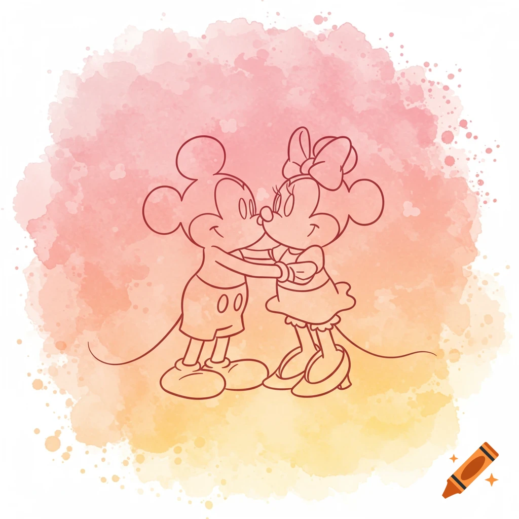 Mickey and Minnie Mouse hugging in red line art over a pink, orange, and yellow watercolor splash background.