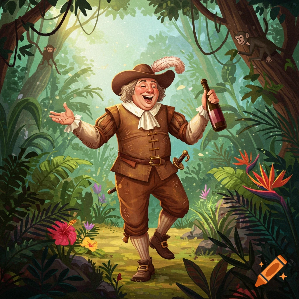 A jolly man in historical attire laughs, holding a bottle in a lush jungle with monkeys and tropical flowers, stylized illustration.