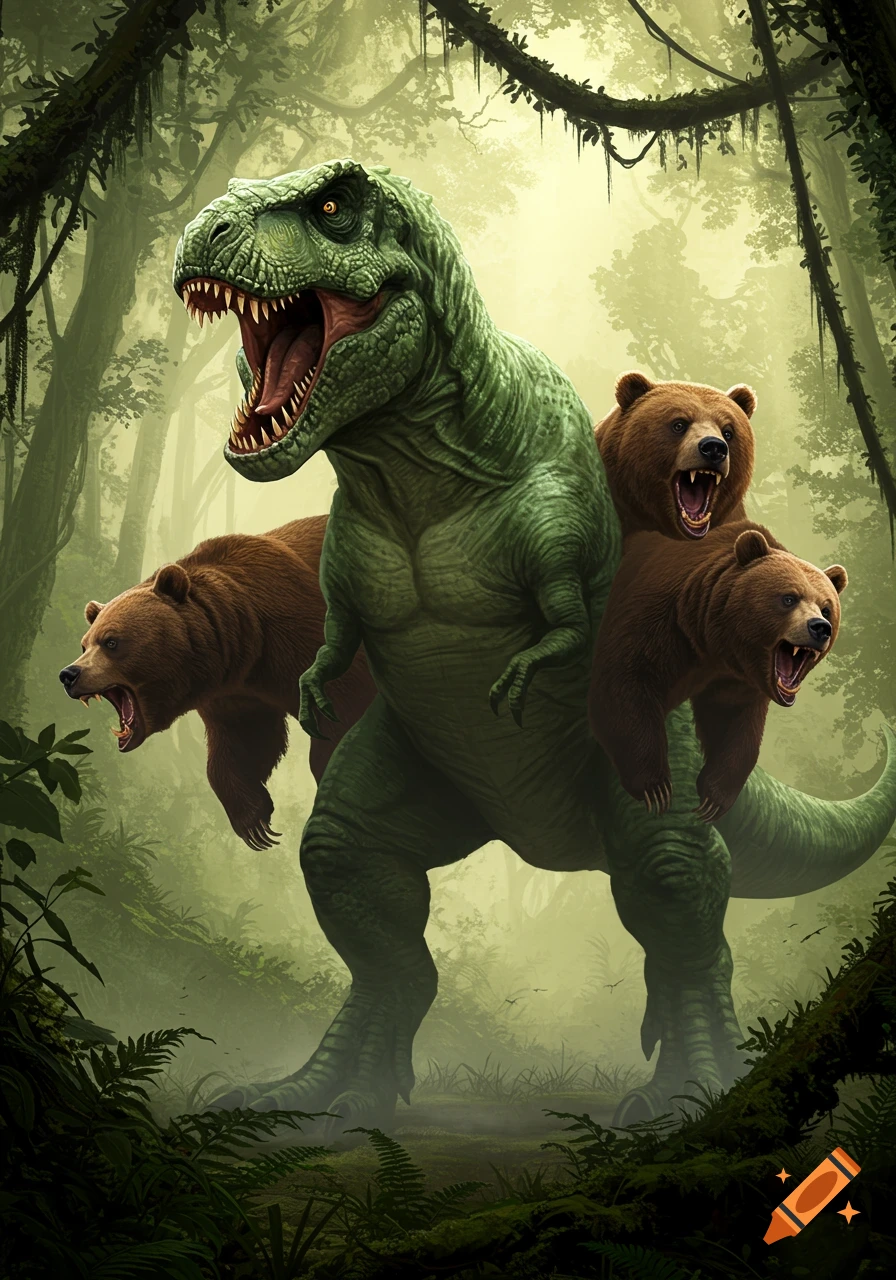 A monstrous green T-Rex with brown bears for arms stands roaring in a misty jungle. Digital art.