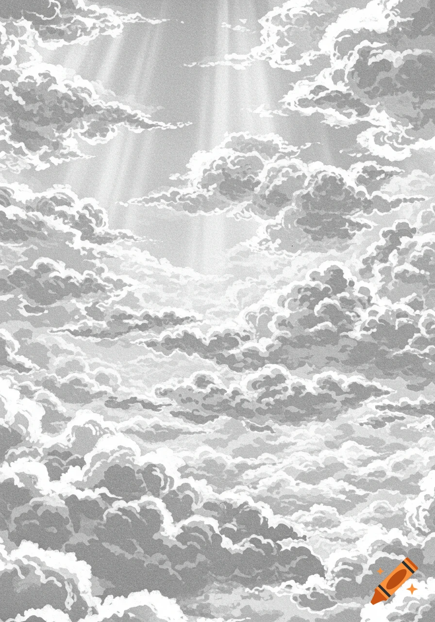 Stylized black and white manga art of fluffy clouds in the sky with light rays beaming through.