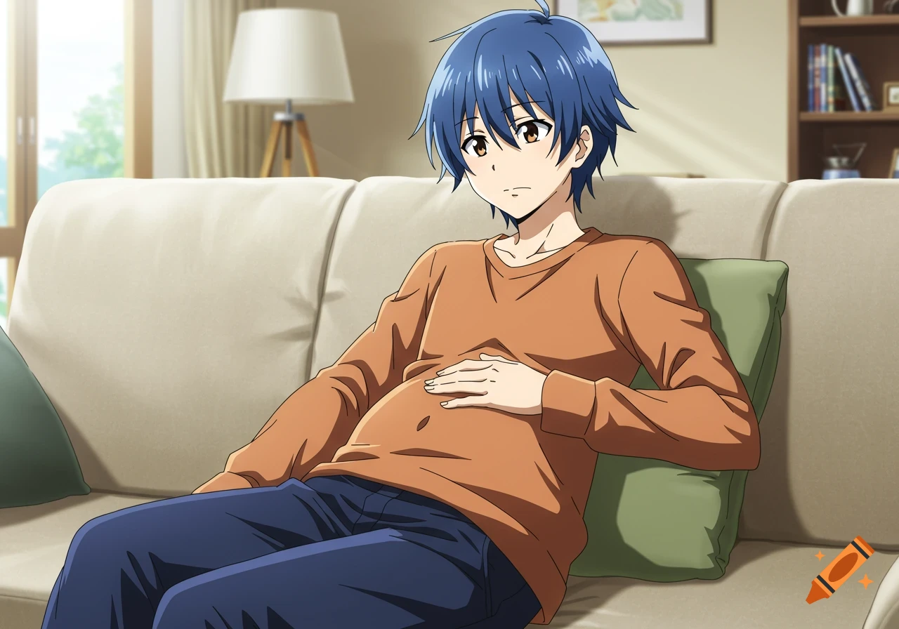 Anime male character Shido Itsuka with blue hair sits on a couch, his hand resting on his visibly pregnant belly.