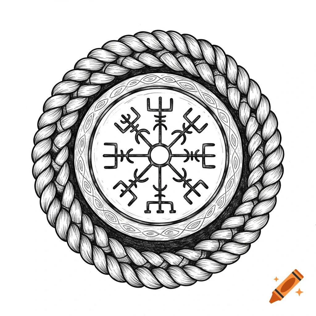 A black and white sketch of a Vegvisir symbol encased in a braided rope circle, tattoo style.