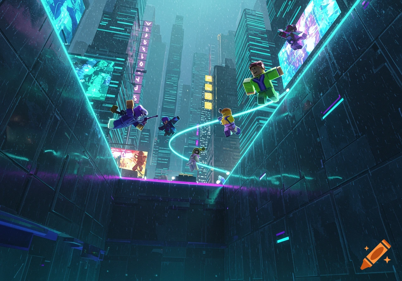 Roblox characters in a neon-lit cyberpunk city, wall-hopping between tall buildings.