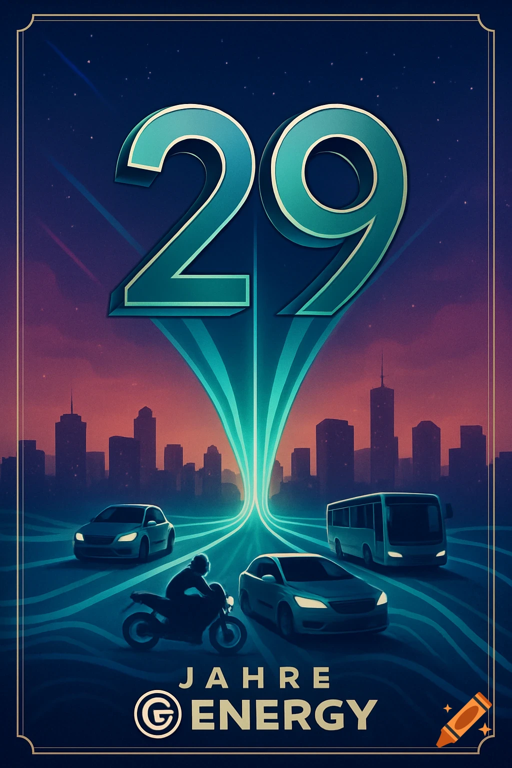 Stylized illustration of a cityscape at dusk with "29" above vehicles on glowing lines, and "JAHRE G ENERGY" below.