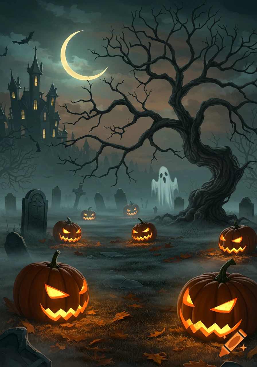 Illustrated Halloween night with glowing jack-o'-lanterns, a ghost, haunted castle, bare trees, and moon in a foggy graveyard.