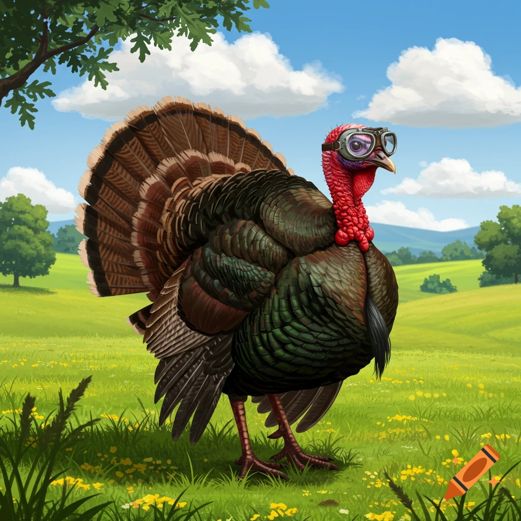A detailed illustration of a turkey wearing aviator goggles standing in a grassy field under a blue sky.
