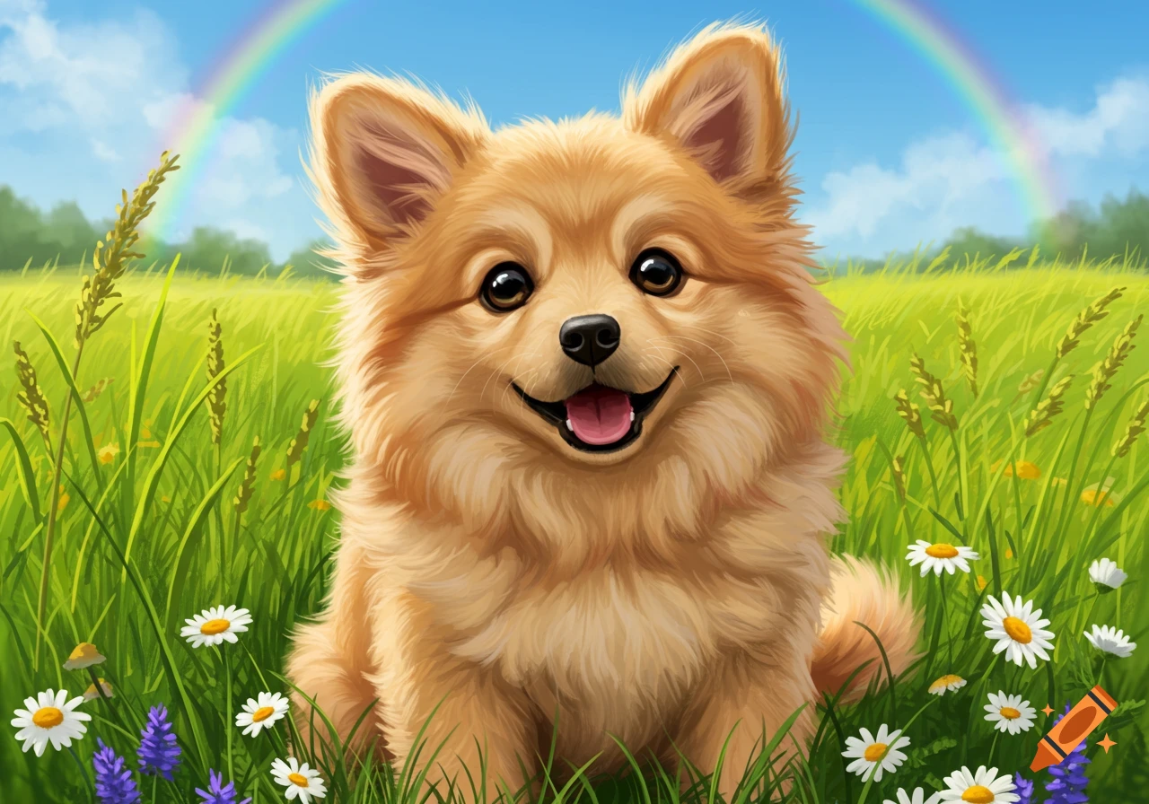 A cute fluffy light brown dog smiling in a vibrant green field with daisies under a rainbow. Illustration.