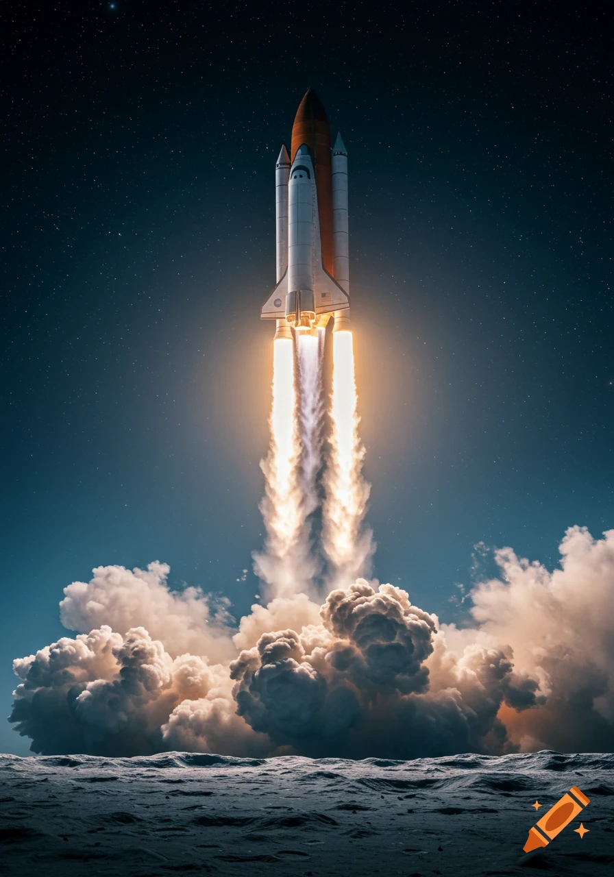 A photorealistic space shuttle launches from a desolate moon-like surface, spewing fiery exhaust and smoke into a star-filled sky.