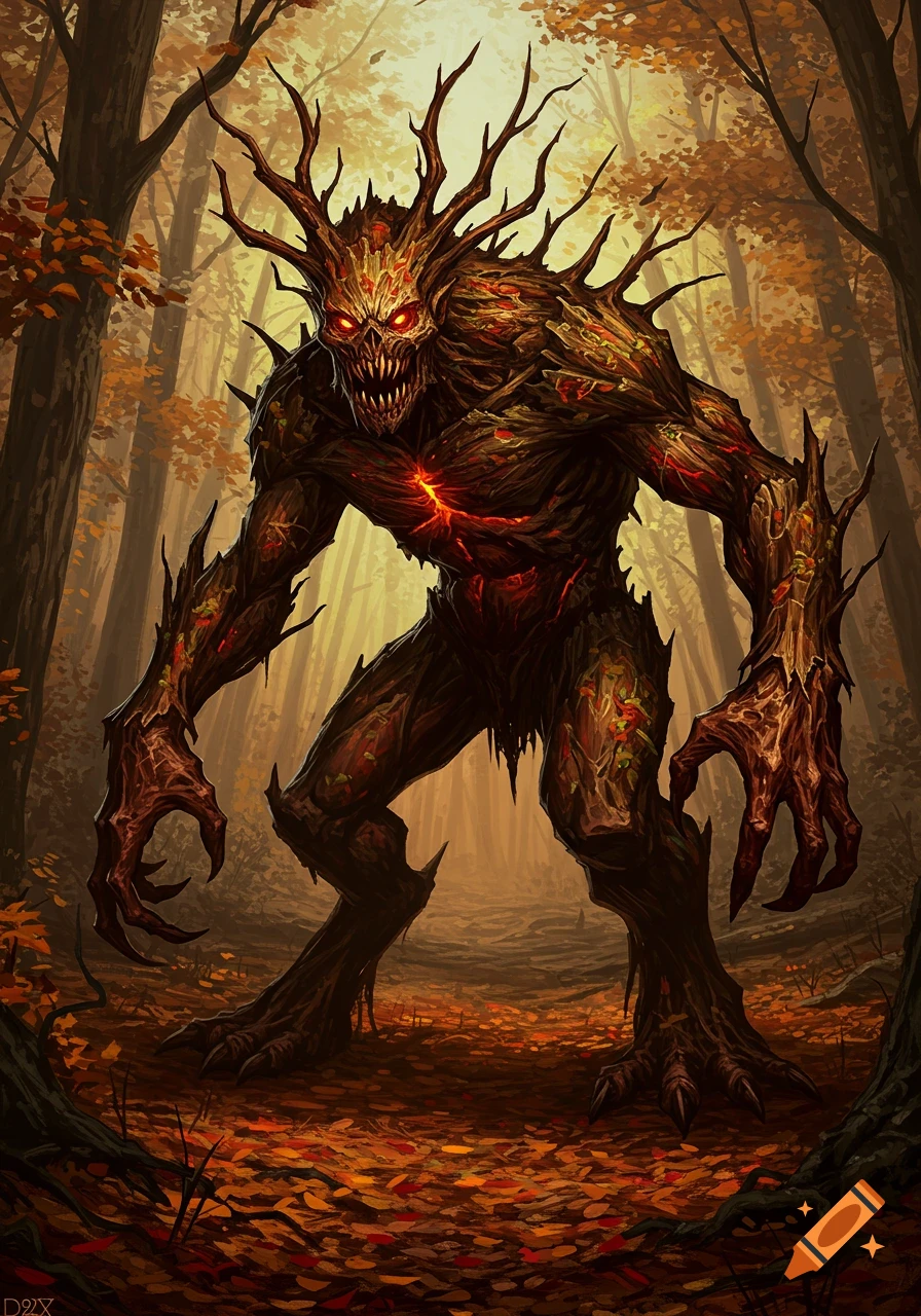 A terrifying, tree-like monster with glowing red eyes and sharp fangs stands in a dark autumn forest.