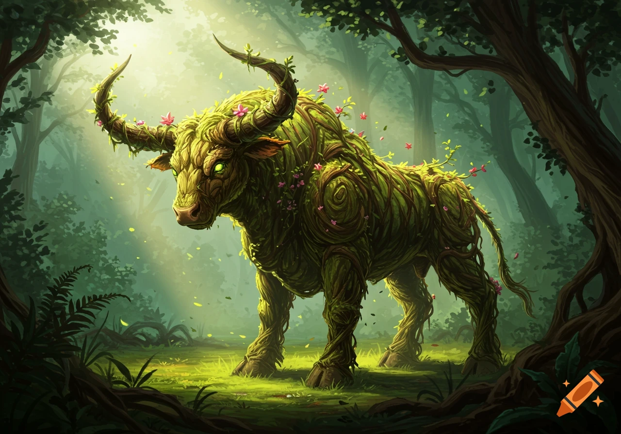 A majestic bull-like creature made of green vines and small pink flowers stands in a sunlit fantasy forest.