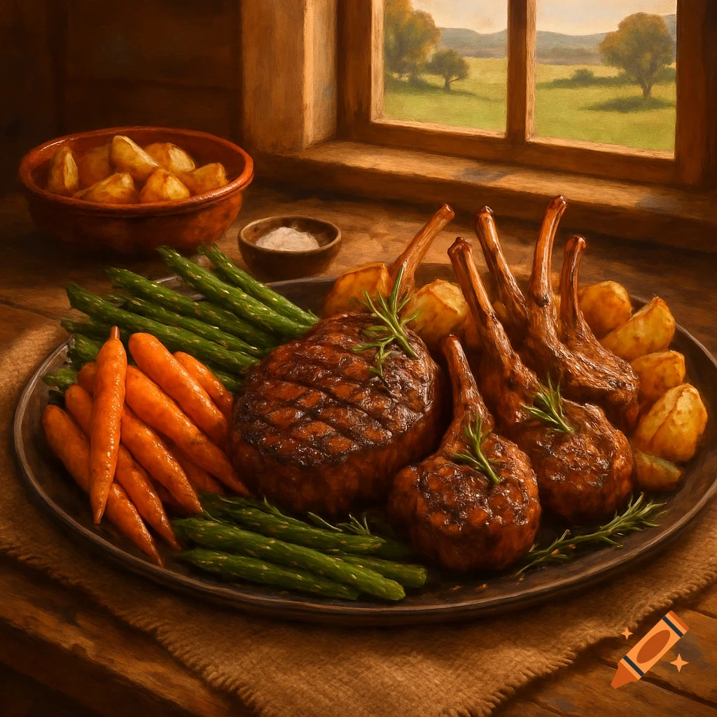 A rustic painting of a hearty meal with grilled steak, lamb chops, roasted potatoes, asparagus, and carrots on a wooden table.